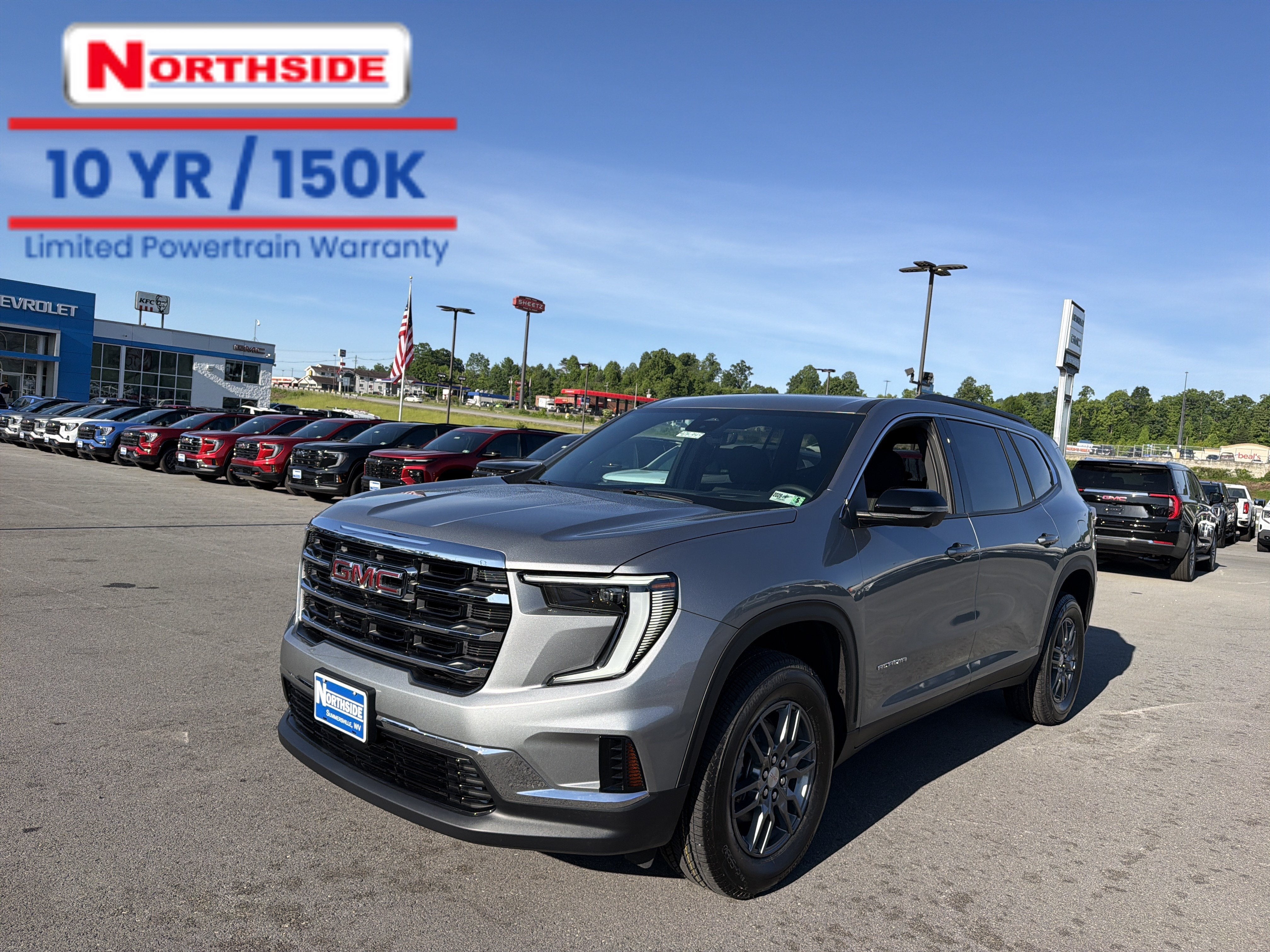 2026 GMC Acadia Elevation in Sterling Metallic — front three-quarter view