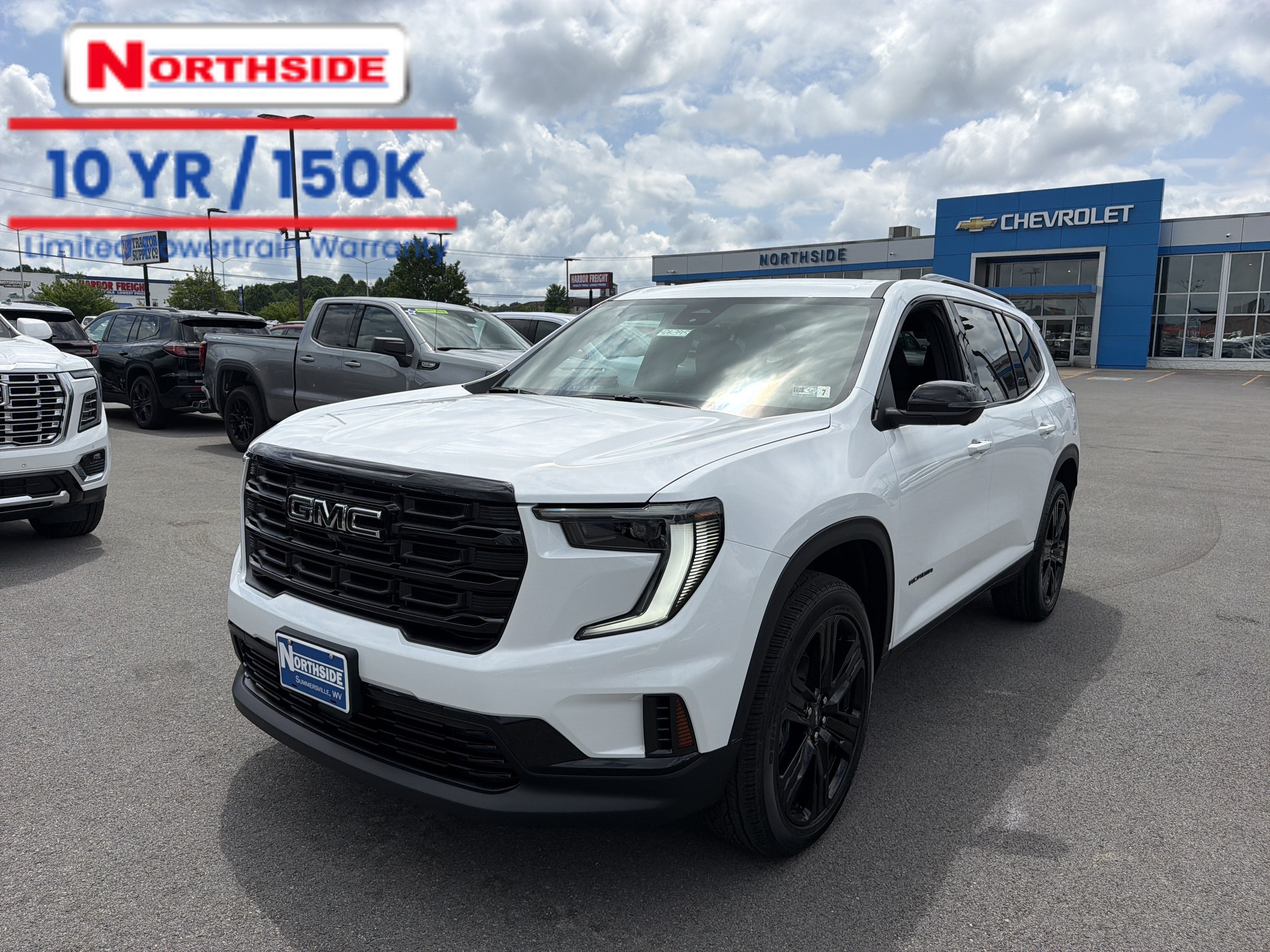2026 GMC Acadia Elevation in Summit White — front three-quarter view